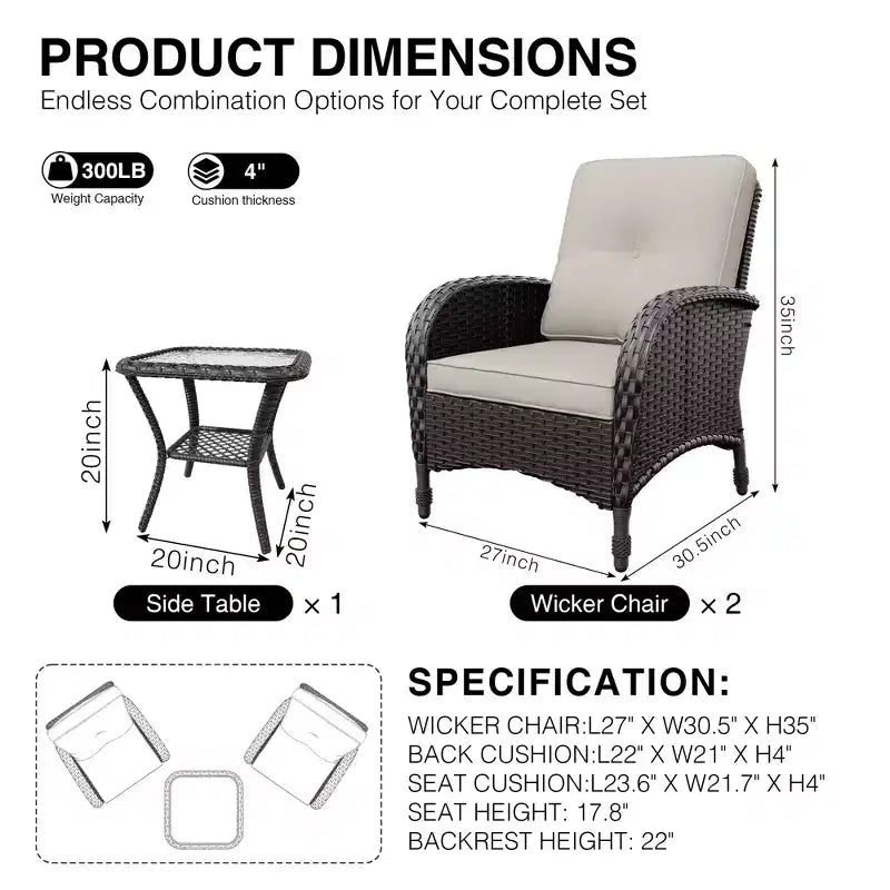 Conjunto UPTIOT de silla y mesa auxiliar de mimbre para exterior con cojines prémium de olefina para relajarse en el patio