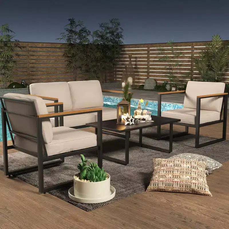 Conjunto de muebles para patio de 4 piezas - conjunto de conversación para exteriores con 2 sillas y mesa de centro, cojines beige para piscina, jardín o balcón