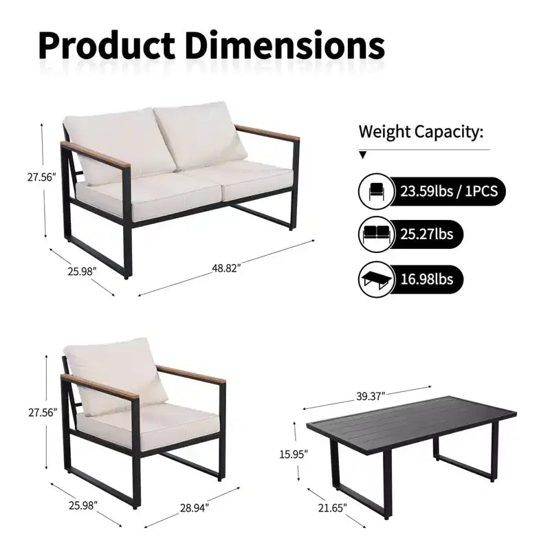 Conjunto de muebles para patio de 4 piezas - conjunto de conversación para exteriores con 2 sillas y mesa de centro, cojines beige para piscina, jardín o balcón