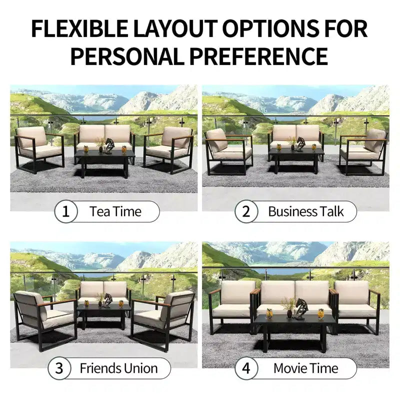Conjunto de muebles para patio de 4 piezas - conjunto de conversación para exteriores con 2 sillas y mesa de centro, cojines beige para piscina, jardín o balcón