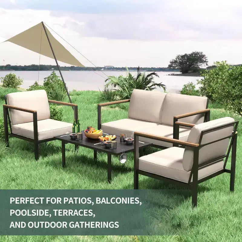 Conjunto de muebles para patio de 4 piezas - conjunto de conversación para exteriores con 2 sillas y mesa de centro, cojines beige para piscina, jardín o balcón