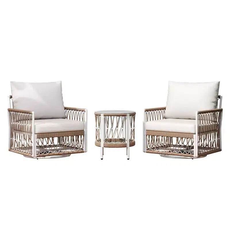Ensemble de mobilier d’extérieur bohème moderne, 3 fauteuils de jardin pivotants avec structure en acier et table d’appoint en verre pour jardin ou bord de piscine - Panipeachy