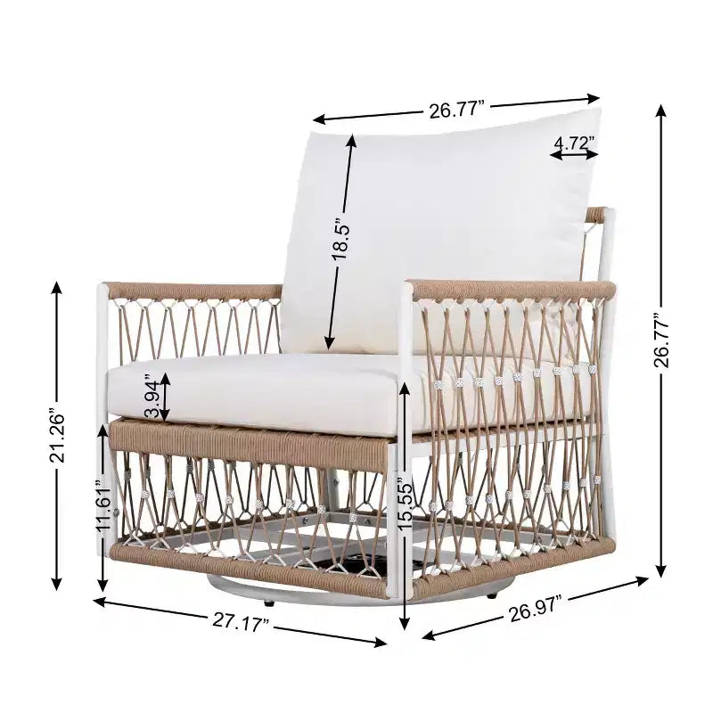 Ensemble de mobilier d’extérieur bohème moderne, 3 fauteuils de jardin pivotants avec structure en acier et table d’appoint en verre pour jardin ou bord de piscine - Panipeachy