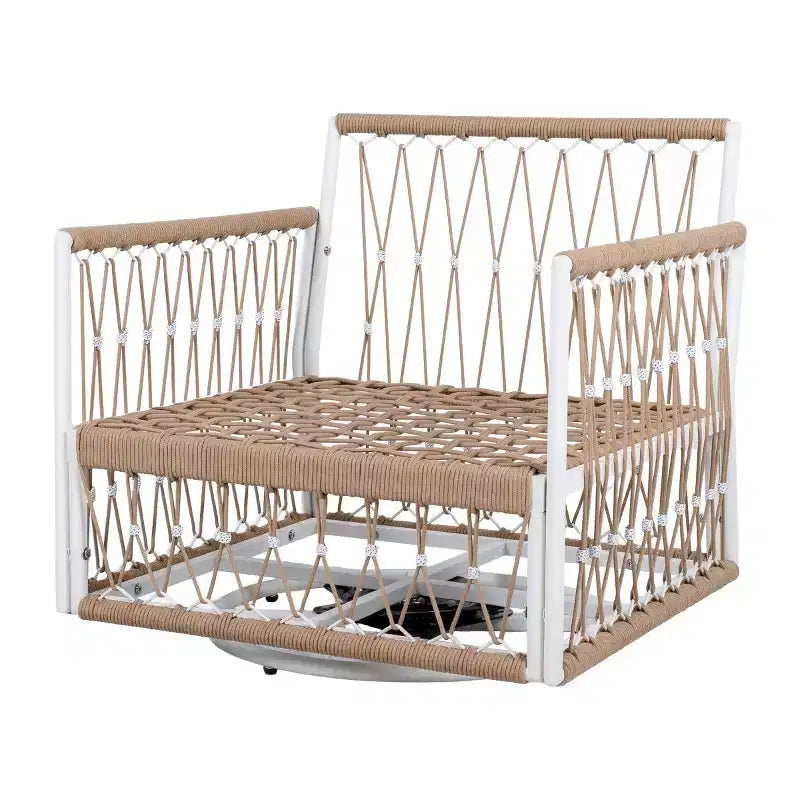 Ensemble de mobilier d’extérieur bohème moderne, 3 fauteuils de jardin pivotants avec structure en acier et table d’appoint en verre pour jardin ou bord de piscine - Panipeachy