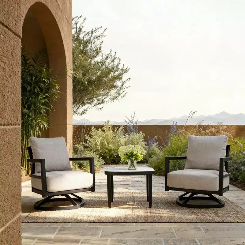Conjunto de 3 sillas giratorias de aluminio para patio, muebles de exterior con cojines Sunbrella y mesa auxiliar para terraza, jardín o balcón-Panipeachy