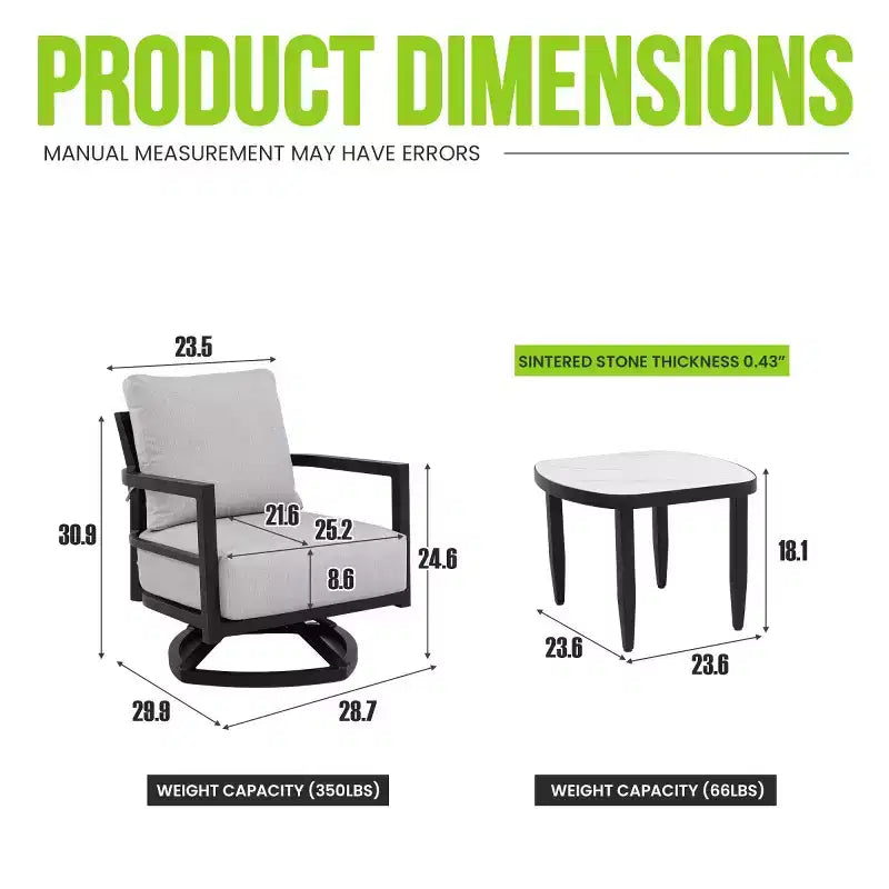 Conjunto de 3 sillas giratorias de aluminio para patio, muebles de exterior con cojines Sunbrella y mesa auxiliar para terraza, jardín o balcón-Panipeachy
