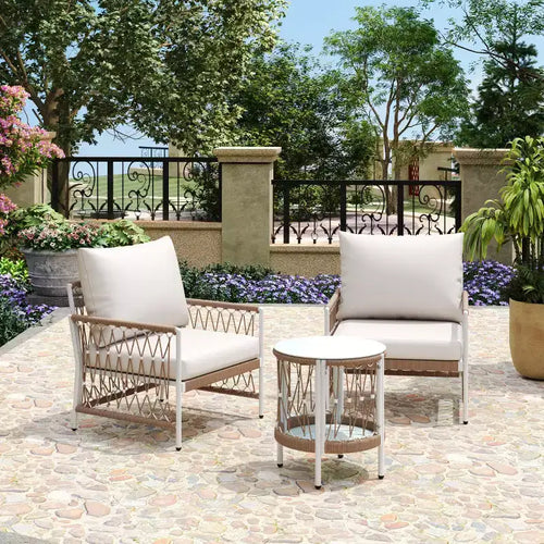 3-teiliges Boho-Terrassenmöbelset mit 2 Loungesesseln und Beistelltisch mit Glasplatte, Outdoor-Gesprächsset für Garten oder Poolbereich-Panipeachy