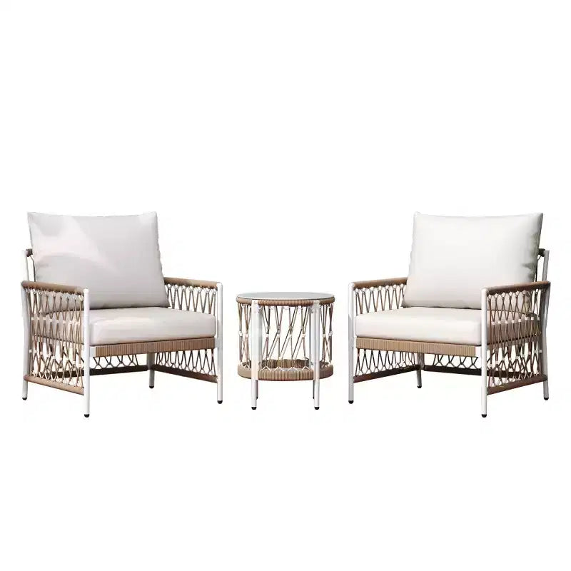 Ensemble de mobilier de patio bohème 3 pièces avec 2 fauteuils de détente et table d’appoint à plateau en verre, ensemble de conversation d’extérieur pour cour ou bord de piscine-Panipeachy