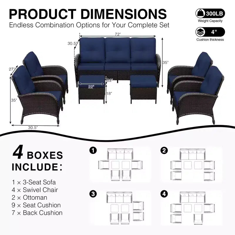 Conjunto de sillas giratorias de exterior UPTIOT: 1 sofá, 4 sillas giratorias, 2 reposapiés y diseño para todo tipo de clima