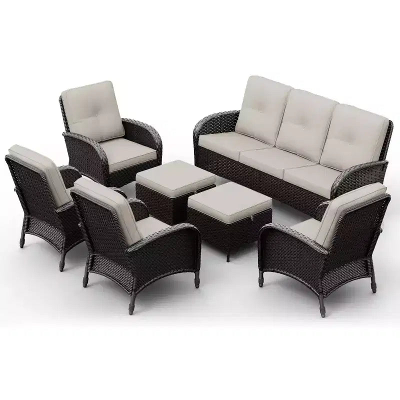 Conjunto de sillas giratorias de exterior UPTIOT: 1 sofá, 4 sillas giratorias, 2 reposapiés y diseño para todo tipo de clima