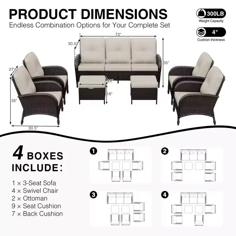 Conjunto de sillas giratorias de exterior UPTIOT: 1 sofá, 4 sillas giratorias, 2 reposapiés y diseño para todo tipo de clima