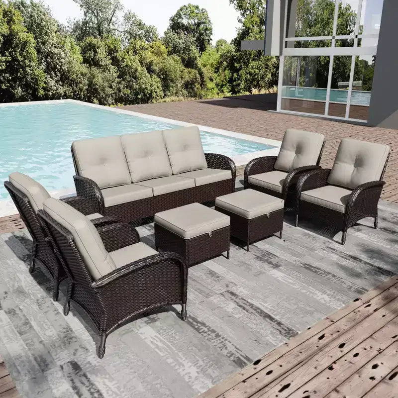 Conjunto de sillas giratorias de exterior UPTIOT: 1 sofá, 4 sillas giratorias, 2 reposapiés y diseño para todo tipo de clima