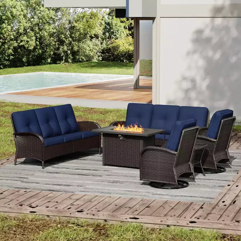 Conjunto de jardín para exteriores UPTIOT de 6 piezas con mesa con brasero, dos sofás de 3 plazas, sillas giratorias y mesa auxiliar para reuniones grandes