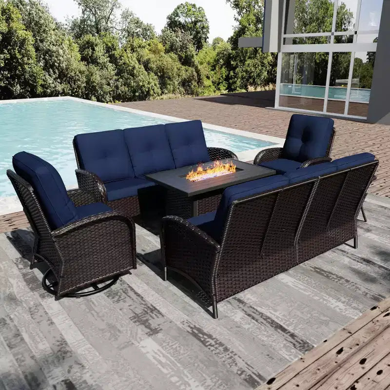 Conjunto de jardín para exteriores UPTIOT de 6 piezas con mesa con brasero, dos sofás de 3 plazas, sillas giratorias y mesa auxiliar para reuniones grandes