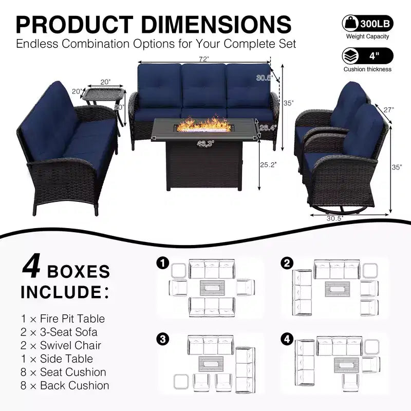 Conjunto de jardín para exteriores UPTIOT de 6 piezas con mesa con brasero, dos sofás de 3 plazas, sillas giratorias y mesa auxiliar para reuniones grandes