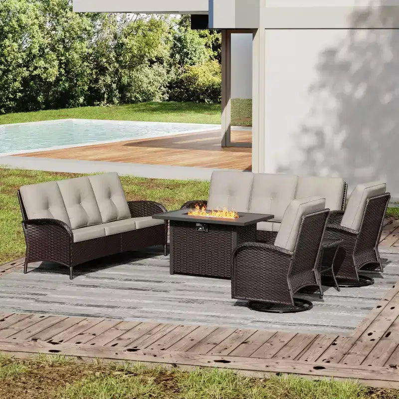 Conjunto de jardín para exteriores UPTIOT de 6 piezas con mesa con brasero, dos sofás de 3 plazas, sillas giratorias y mesa auxiliar para reuniones grandes