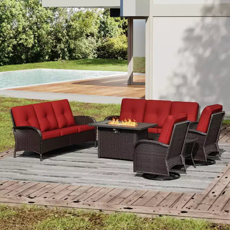 Conjunto de jardín para exteriores UPTIOT de 6 piezas con mesa con brasero, dos sofás de 3 plazas, sillas giratorias y mesa auxiliar para reuniones grandes