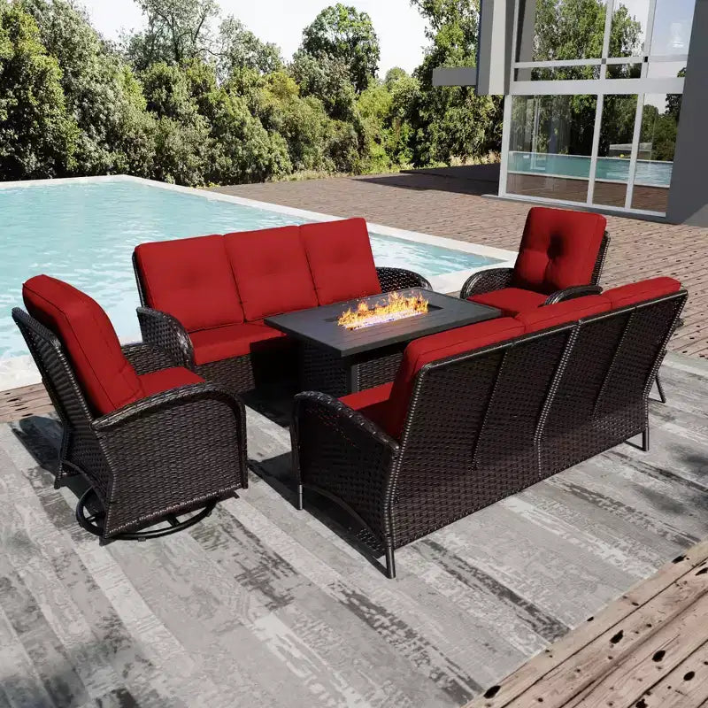 Conjunto de jardín para exteriores UPTIOT de 6 piezas con mesa con brasero, dos sofás de 3 plazas, sillas giratorias y mesa auxiliar para reuniones grandes