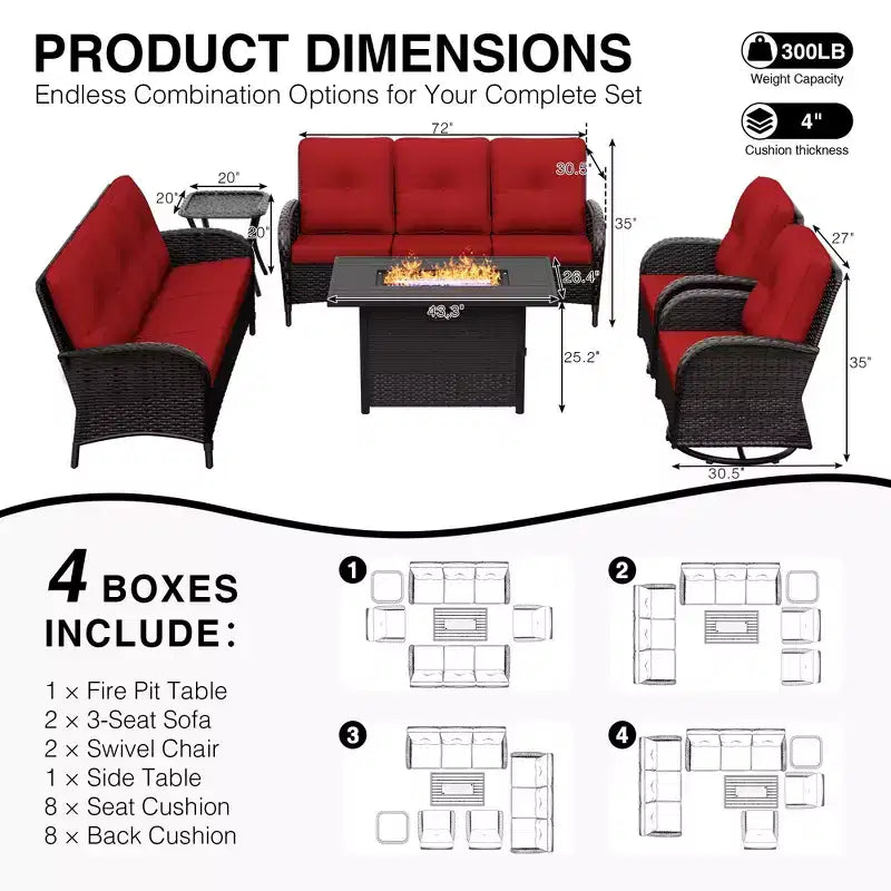 Conjunto de jardín para exteriores UPTIOT de 6 piezas con mesa con brasero, dos sofás de 3 plazas, sillas giratorias y mesa auxiliar para reuniones grandes