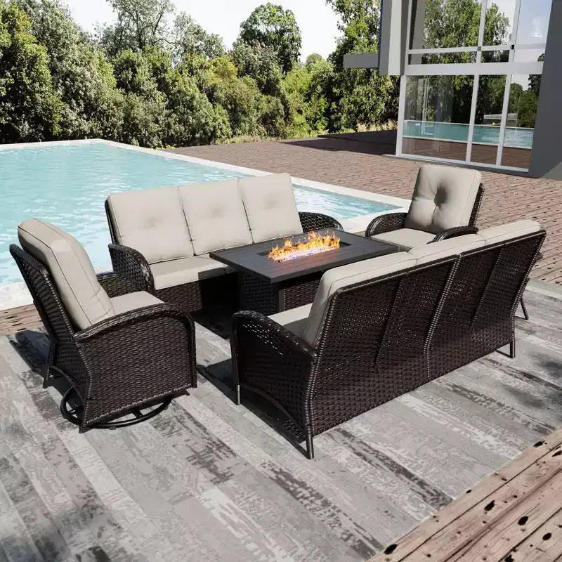 Conjunto de jardín para exteriores UPTIOT de 6 piezas con mesa con brasero, dos sofás de 3 plazas, sillas giratorias y mesa auxiliar para reuniones grandes