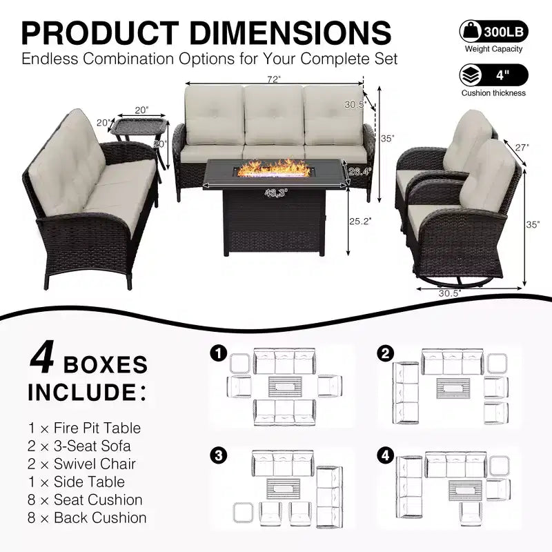 Conjunto de jardín para exteriores UPTIOT de 6 piezas con mesa con brasero, dos sofás de 3 plazas, sillas giratorias y mesa auxiliar para reuniones grandes