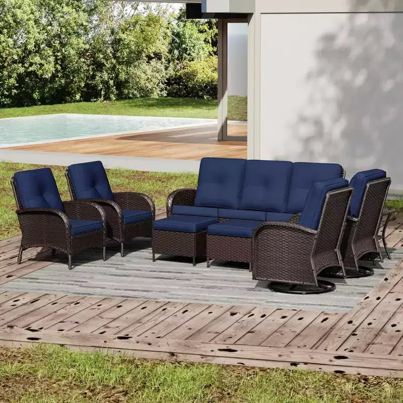 Ensemble de jardin extérieur UPTIOT de 8 pièces avec canapé 3 places, fauteuils pivotants, fauteuils en osier, poufs et table d’appoint pour un confort ultime