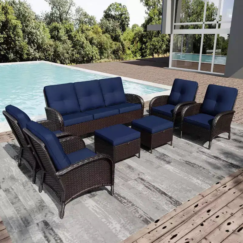 Ensemble de jardin extérieur UPTIOT de 8 pièces avec canapé 3 places, fauteuils pivotants, fauteuils en osier, poufs et table d’appoint pour un confort ultime