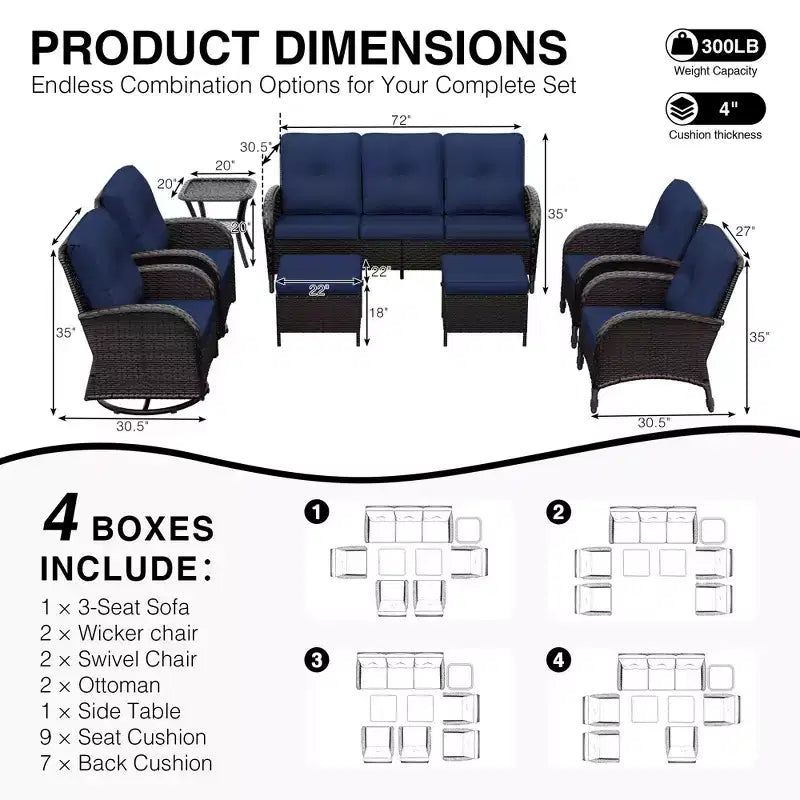 Ensemble de jardin extérieur UPTIOT de 8 pièces avec canapé 3 places, fauteuils pivotants, fauteuils en osier, poufs et table d’appoint pour un confort ultime