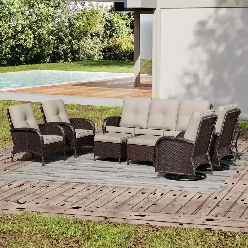 Ensemble de jardin extérieur UPTIOT de 8 pièces avec canapé 3 places, fauteuils pivotants, fauteuils en osier, poufs et table d’appoint pour un confort ultime