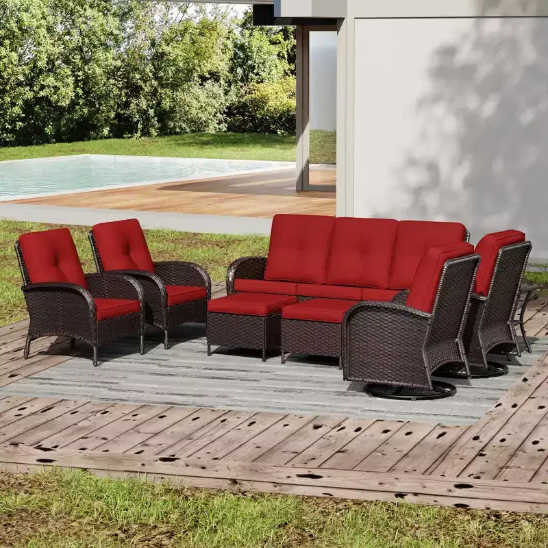 Ensemble de jardin extérieur UPTIOT de 8 pièces avec canapé 3 places, fauteuils pivotants, fauteuils en osier, poufs et table d’appoint pour un confort ultime
