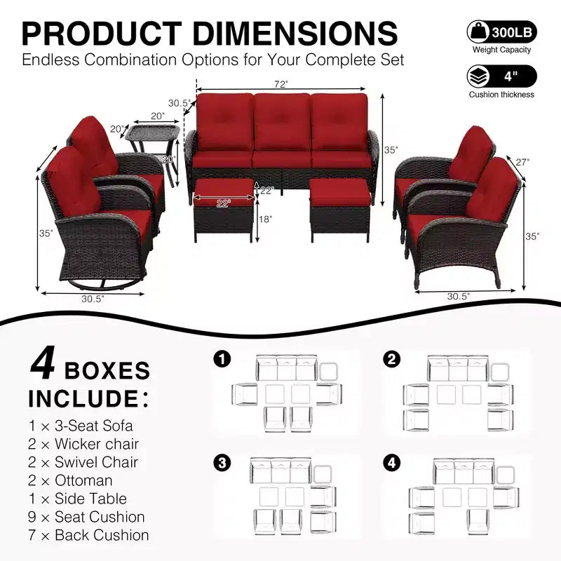 Ensemble de jardin extérieur UPTIOT de 8 pièces avec canapé 3 places, fauteuils pivotants, fauteuils en osier, poufs et table d’appoint pour un confort ultime