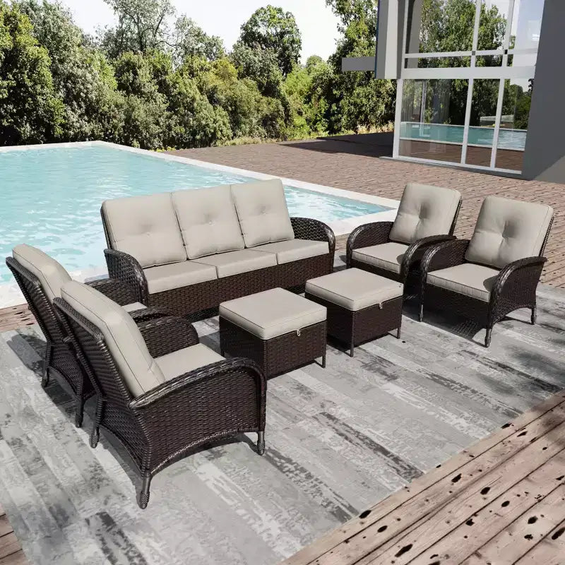 Ensemble de jardin extérieur UPTIOT de 8 pièces avec canapé 3 places, fauteuils pivotants, fauteuils en osier, poufs et table d’appoint pour un confort ultime
