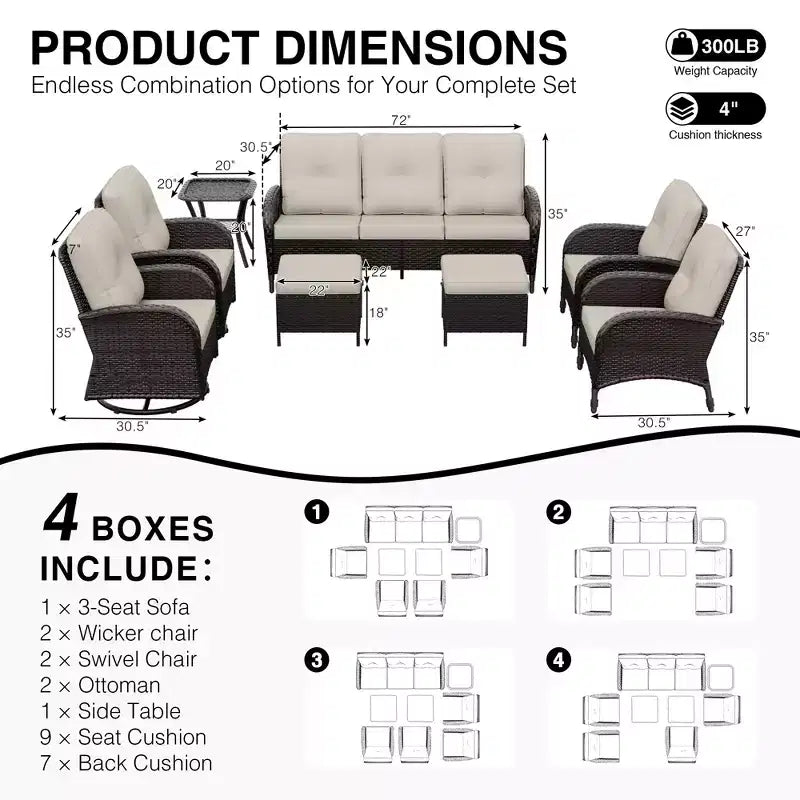 Ensemble de jardin extérieur UPTIOT de 8 pièces avec canapé 3 places, fauteuils pivotants, fauteuils en osier, poufs et table d’appoint pour un confort ultime