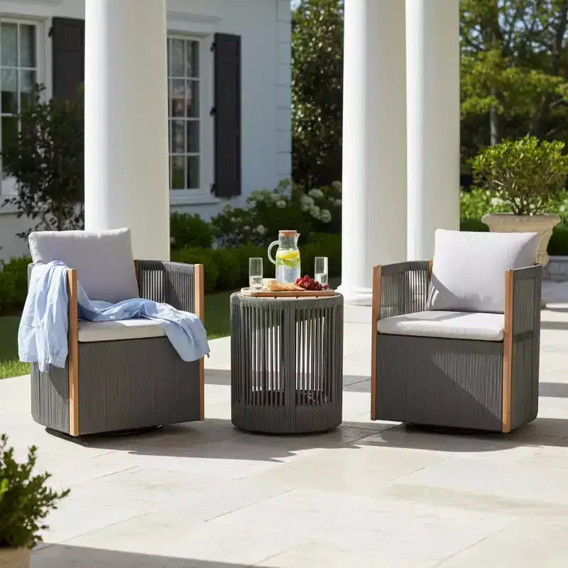 Conjunto de conversación de 3 piezas para exteriores Christopher Knight Home Mason, de estilo bohemio moderno, con silla giratoria de madera de acacia y cuerda y mesa auxiliar redonda