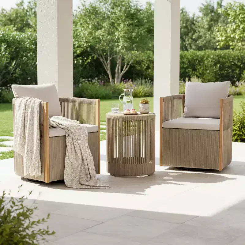 Conjunto de conversación de 3 piezas para exteriores Christopher Knight Home Mason, de estilo bohemio moderno, con silla giratoria de madera de acacia y cuerda y mesa auxiliar redonda