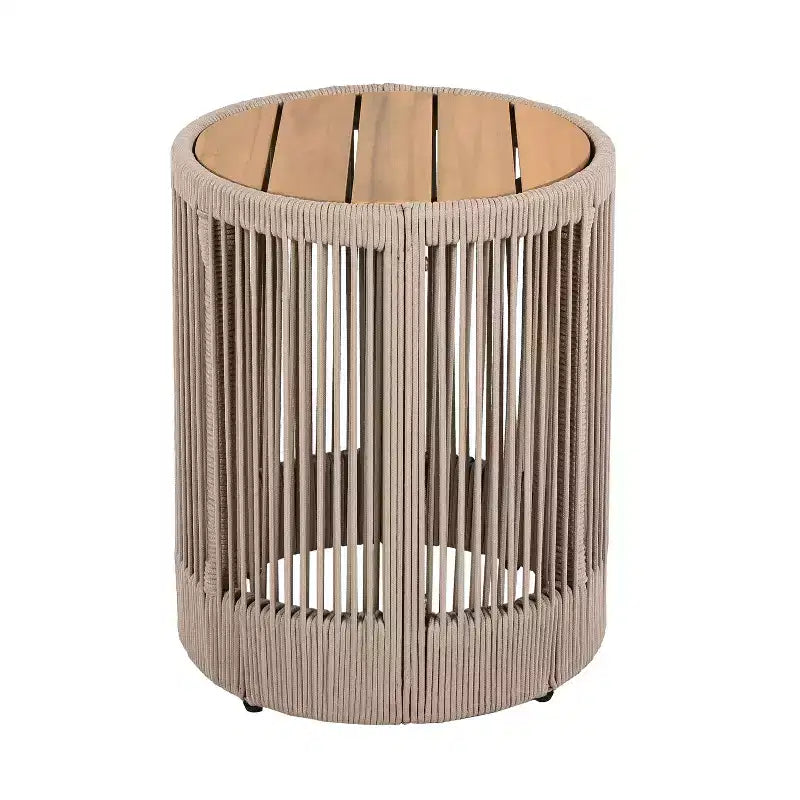 Conjunto de conversación de 3 piezas para exteriores Christopher Knight Home Mason, de estilo bohemio moderno, con silla giratoria de madera de acacia y cuerda y mesa auxiliar redonda