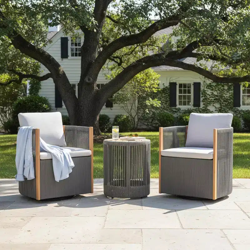 Conjunto de conversación de 3 piezas para exteriores Christopher Knight Home Mason, de estilo bohemio moderno, con silla giratoria de madera de acacia y cuerda y mesa auxiliar redonda