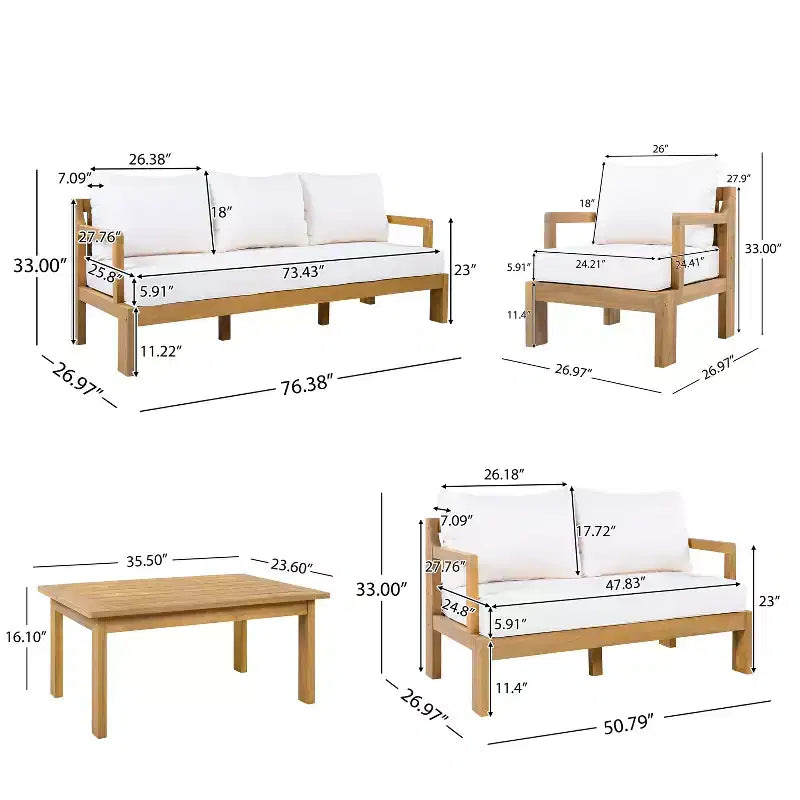 Ensemble moderne de sièges de patio Letizia de Christopher Knight Home, 5 pièces, en bois d’acacia, avec table basse