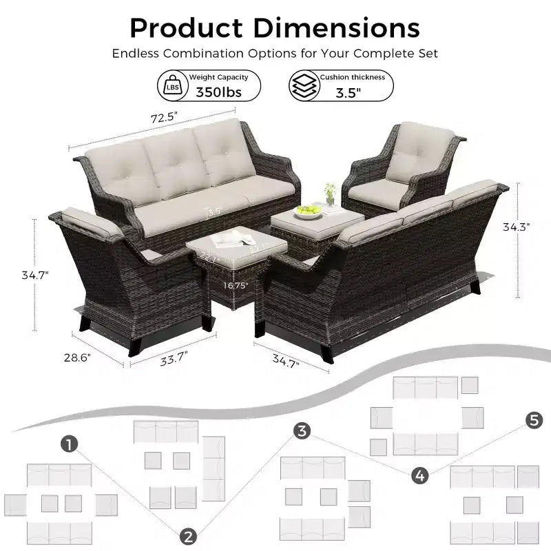 Conjunto modular de exterior UPTIOT de 6 piezas con dos sofás de 72.5, sillas giratorias y par de otomanas