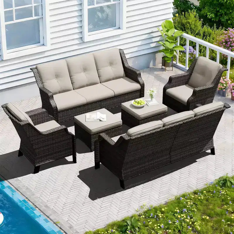 Conjunto modular de exterior UPTIOT de 6 piezas con dos sofás de 72.5, sillas giratorias y par de otomanas
