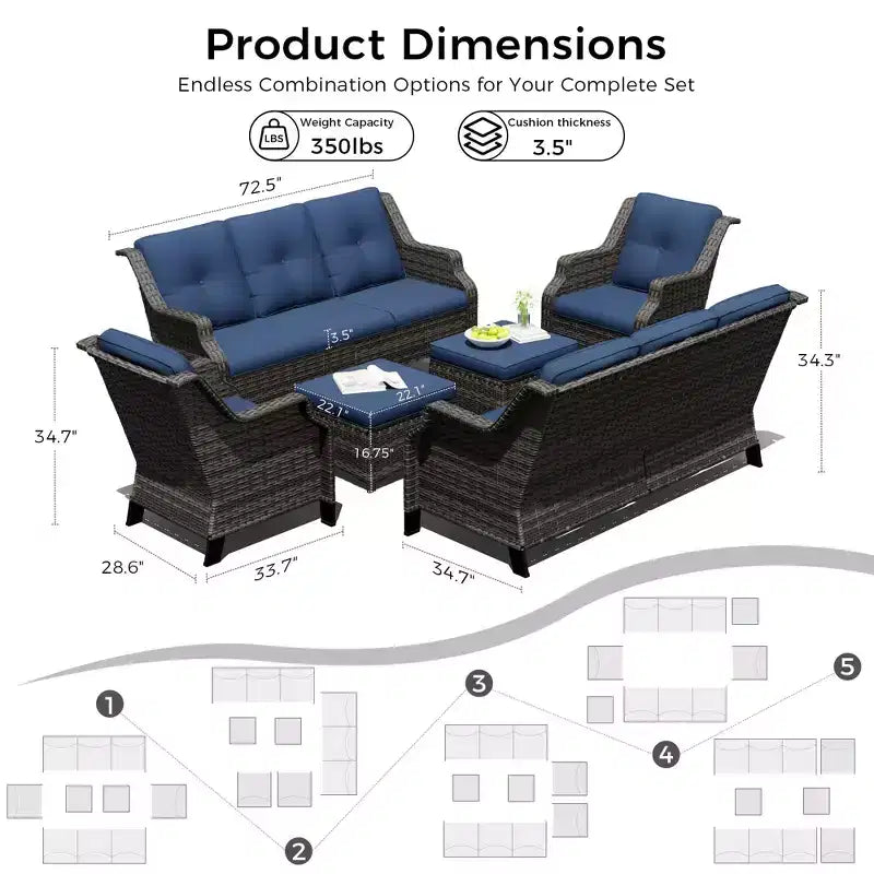 Conjunto modular de exterior UPTIOT de 6 piezas con dos sofás de 72.5, sillas giratorias y par de otomanas