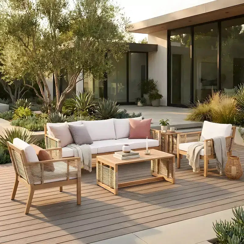Conjunto de asientos de patio de 5 piezas GDFStudio Brynn, de madera de acacia con diseño de tejido de cuerda