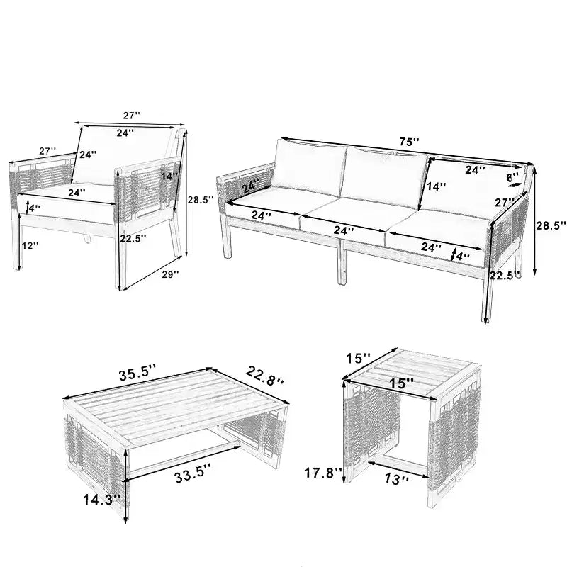 Conjunto de asientos de patio de 5 piezas GDFStudio Brynn, de madera de acacia con diseño de tejido de cuerda
