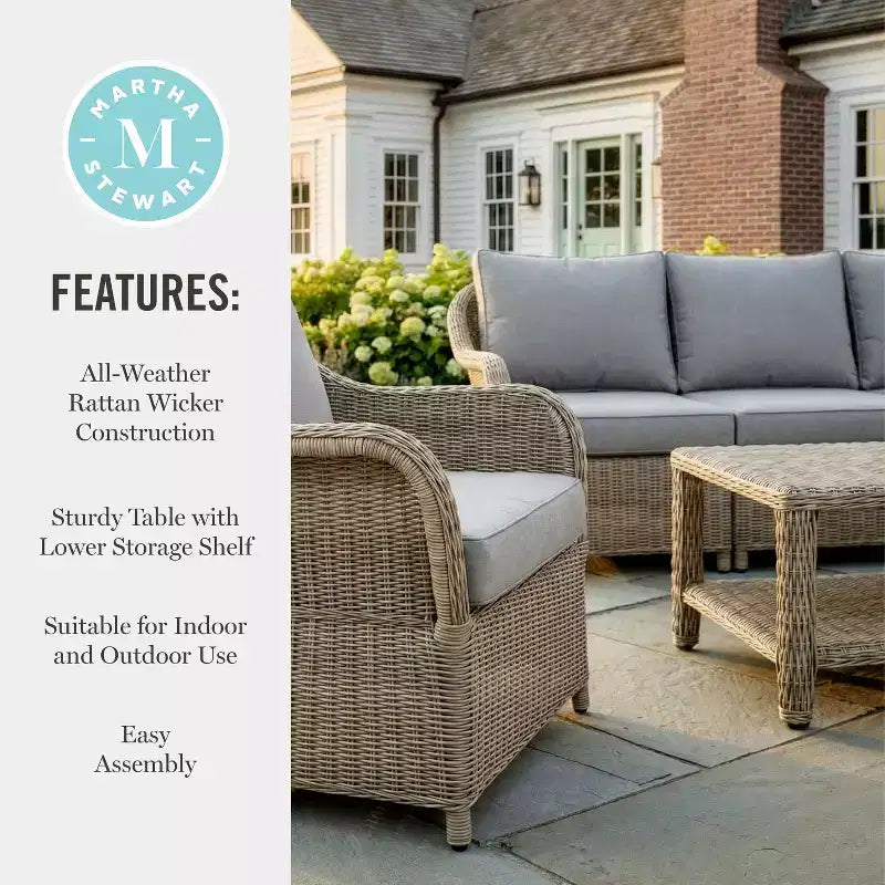 Sofá de mimbre de ratán para patio, resistente a todo tipo de clima, de Martha Stewart, 2 sillas y mesa de centro - Gris envejecido