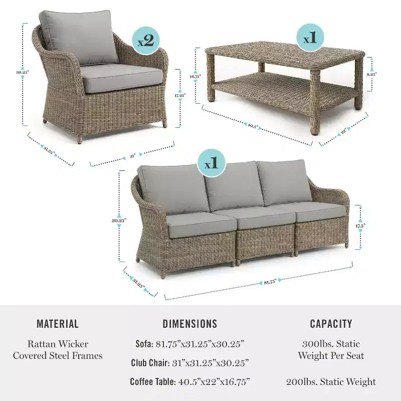 Sofá de mimbre de ratán para patio, resistente a todo tipo de clima, de Martha Stewart, 2 sillas y mesa de centro - Gris envejecido