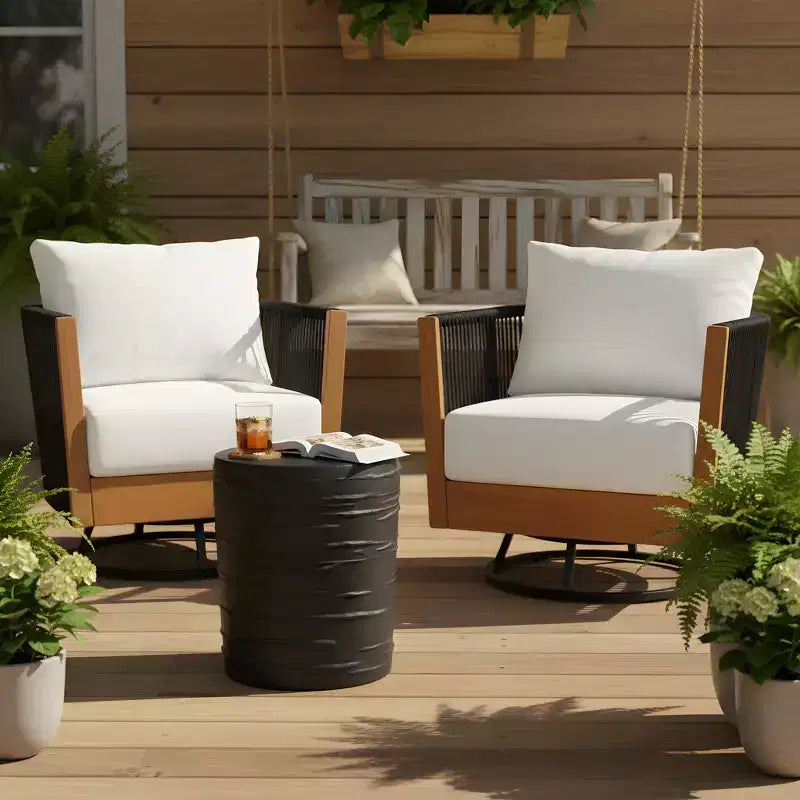 Conjunto moderno de sillas giratorias de patio de 3 piezas Ananda de Christopher Knight Home, de acacia, con diseño de cuerda y mesa
