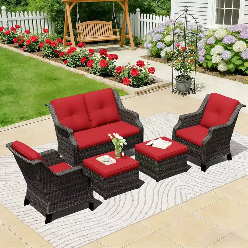 Conjunto de sala de exterior UPTIOT con sofá de dos plazas, sillas y otomana