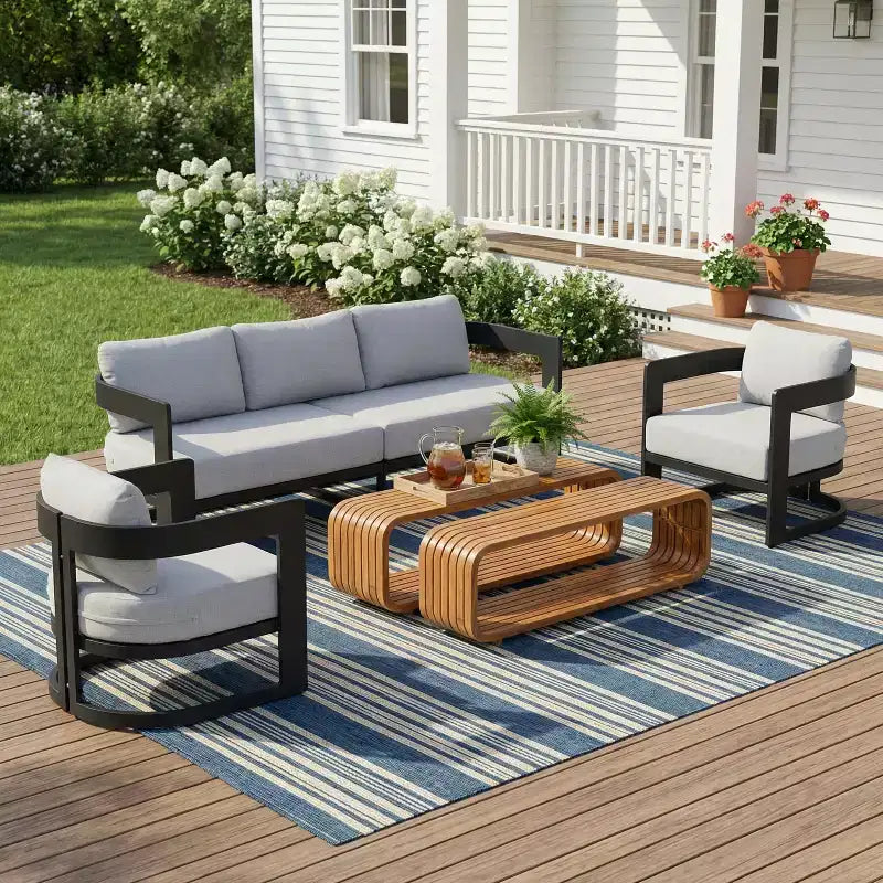 Conjunto moderno de asientos para patio de aluminio Christopher Knight Home Melow, de 5 piezas, con mesas de centro de madera de acacia