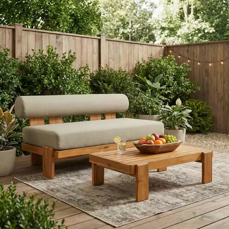 Conjunto moderno de 2 piezas para patio Ishaan de Christopher Knight Home, con sofá de dos plazas tapizado de acacia y mesa de centro con listones