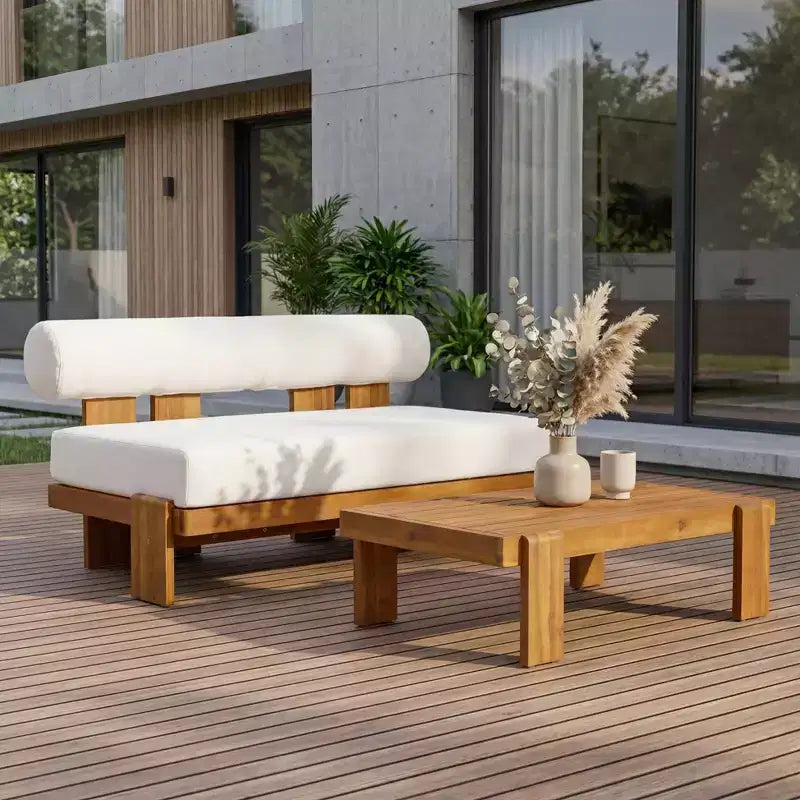 Conjunto moderno de 2 piezas para patio Ishaan de Christopher Knight Home, con sofá de dos plazas tapizado de acacia y mesa de centro con listones